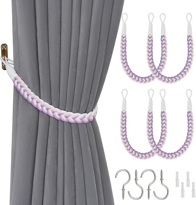 NICEEC 4 Pack Natural Cotton Rope Curtain Tiebacks Elegant Boho Style Decorative Drape Tie Backs Soft Hand-Woven Rope Curtain Holdbacks with Metal Hook for Home & Office Drapery (Purple & White)