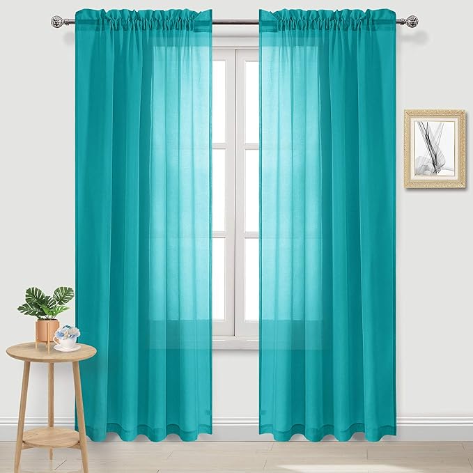 DWCN Turquoise Sheer Curtains Semi Transparent Voile Rod Pocket Curtains for Bedroom and Living Room, 52 x 84 inches Long, Set of 2 Panels