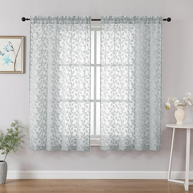Chyhomenyc Light Grey Sheer Curtains 54 Inch Length for Living Room 2 Panels Set, Light Filtering Tufted Textured Soft Airy Rod Pocket Leaf Window Treatment Drapes for Bedroom, 42" Wx54 L, 2PCS