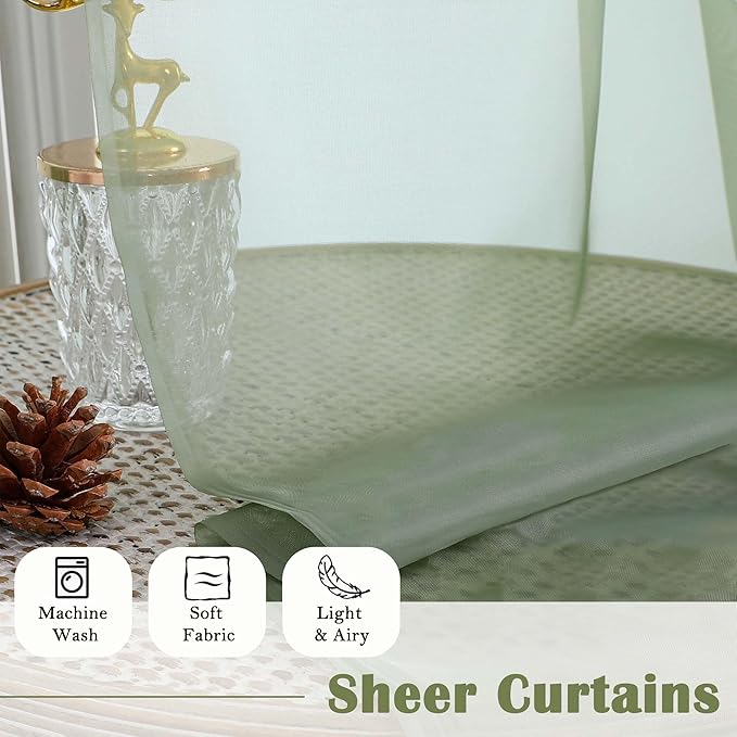 Lecloud Sage Green Sheer Curtains 96 Inches Long 2 Panels, Solid Airy Voile Dual Rod Pocket Sheer Curtains, Elegant Light Filtering Window Curtain Drapes for Living Room Bedroom Balcony, 59" W x 96" L