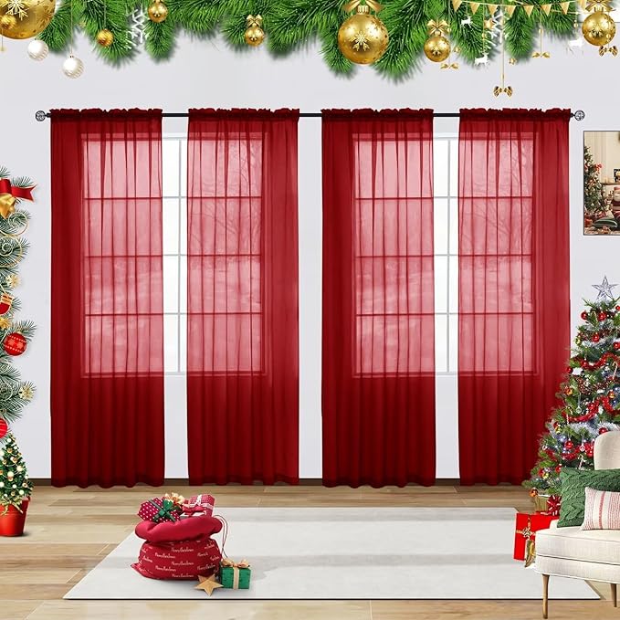 youleyar Solid Sheer Rod Pocket Curtain Voile Draperies 4 Panels White Beige Black Grey Ivory 52 Inch Width 63 Inch Long 1 Pair for Kitchen Bedroom Children Living Room Yard(Christmas Red,52 Wｘ63 L)