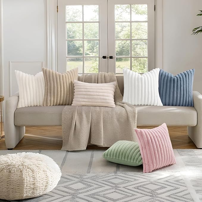 decorUhome Summer Cozy Faux Fur Throw Pillow Covers 24x24 Set of 2 Decorative Soft Plush Striped Modern Farmhouse Boho Couch Euro Sham Pillow Cases with Velvet Back for Sofa Bed Living Room, Pink