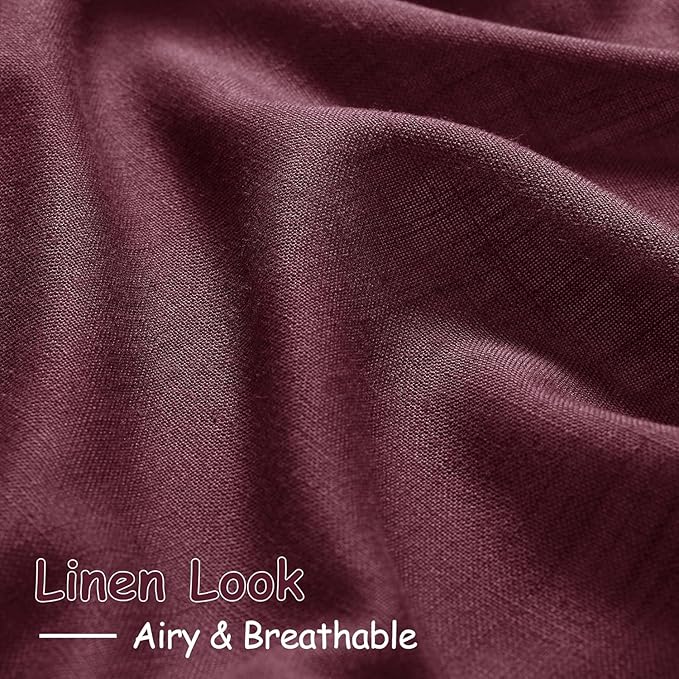 Nanspring Burgundy Linen 112 Inch Curtains for Living Room Light Filtering Semi Sheer Curtain Back Tab Vintage Boho Decor Elegant Drapes Floor to Ceiling High Window for Bedroom 52x112, 2 Panels