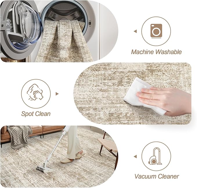 Washable Area Rug 8x10, Large Soft Rugs for Living Room Vintage Area Rugs for Bedroom Dining Room Non-Slip Stain Resistant Brown Under Table Rug