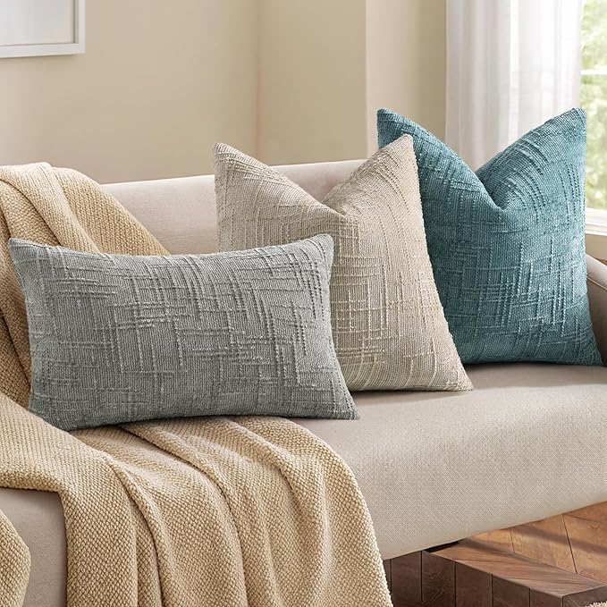 decorUhome Summer Teal Chenille Throw Pillow Covers 16x16 Set of 2 Textured Soft Cozy Slubby Couch Pillow Covers Modern Farmhouse Boho Decorative Pillow Cases for Bed Sofa Living Room