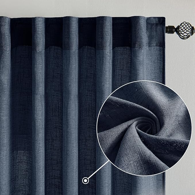 MIULEE Navy Blue Linen Curtains 63 Inch Length 2 Panels for Bedroom Living Room, Soft Thick Linen Textured Natural Kitchen Window Drapes Semi Sheer Light Filtering Back Tab Rod Pocket Burlap Look