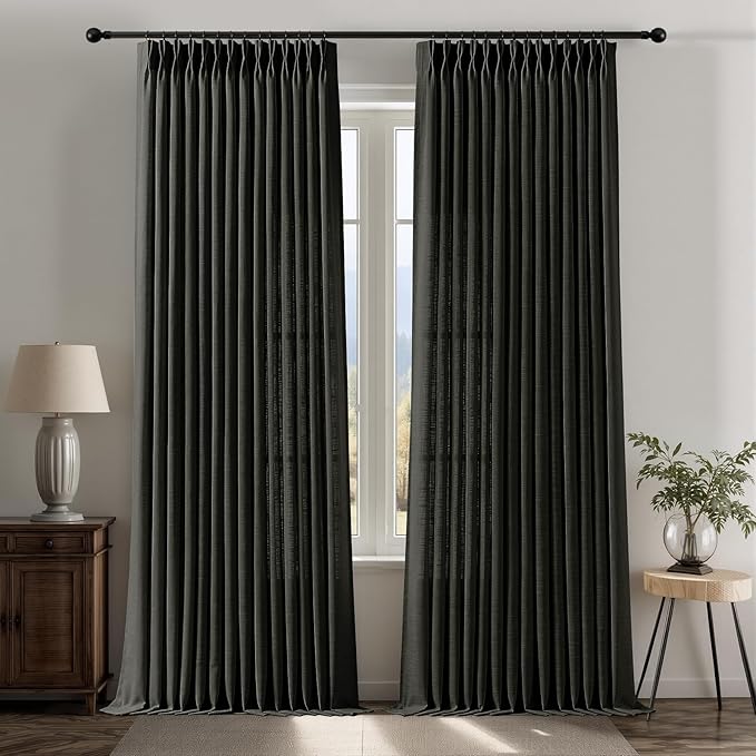 IVAPUPU Black Pinch Pleated Curtains 96 Inches Long for Living Room, Semi Sheer Privacy Linen Curtain Memory Trained Back Tab Drapes with Hooks Rings for Farmhouse Dining Room, 2 Panels, W40xL96