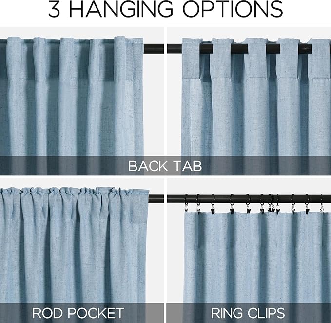 Nanspring Blue Curtains 80 Inches Length for Living Room Back Tab Rod Pocket Semi Sheer Linen Drapes Muted Neutral Boho Dusty Blue Linen Textured Window Curtain for Dining Room Bedroom 52X80 Inch