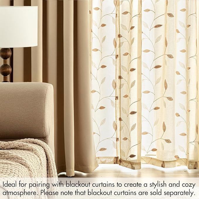 MIULEE Beige Sheer Curtains 2 Panels Embroidered Leaf Patterned Rod Pocket Floral Semi Sheer Faux Linen Window Curtains Drapes Set for Living Room Bedroom Dining Room, 52x84 Inches Long