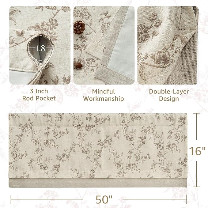jinchan Linen Kitchen Valance for Windows 16 Inch Floral Double Layer Valance Living Room Laundry Room Darkening Rustic Cottagecore Farmhouse Flower Window Treatment 1 Panel Taupe on Linen