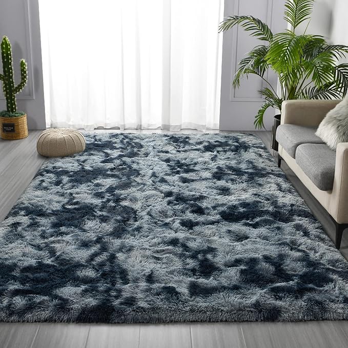 Deerhoo Large Shag Area Rugs 9 x 12, Tie-Dyed Plush Fuzzy Rugs for Living Room, Ultra Soft Fluffy Furry Rug for Bedroom, Indoor Carpet Nursery Rugs for Kids Room Home Decor, Blue and Grey