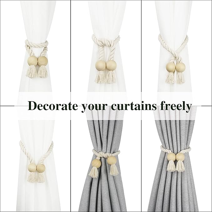 4 Pack Magnetic Curtain Tiebacks Cotton Hand Woven Tie Back Decorative Rope Holdbacks for Curtains Draperies No Tools Required, Beige