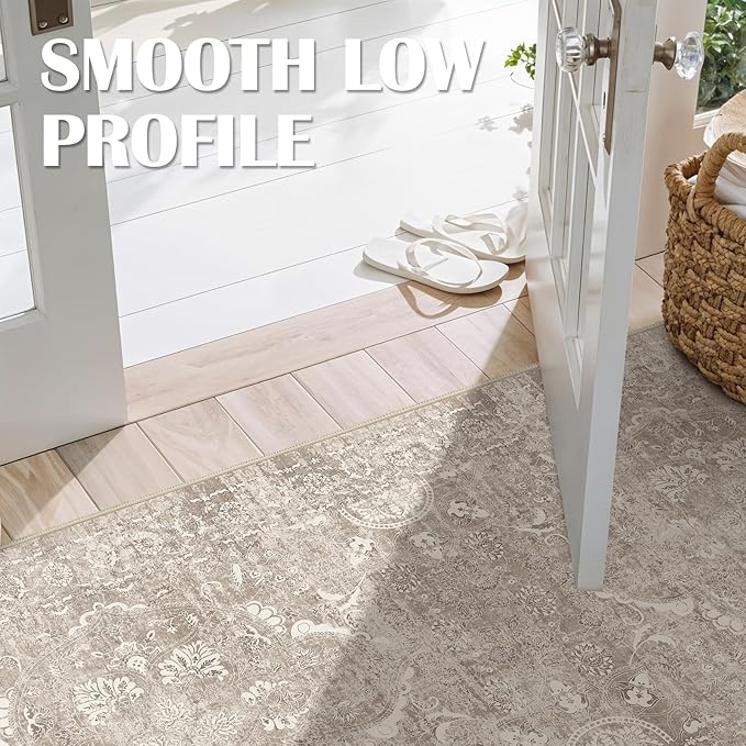 Hallway 2x6 Runner Rug - Vintage Non-Slip Long Rug for Entryway Low-Pile Washable Medallion Runner Rugs for Hallway Waterproof Traditional Runner Rug Indoor Thin Rugs for Kitchen (Beige)