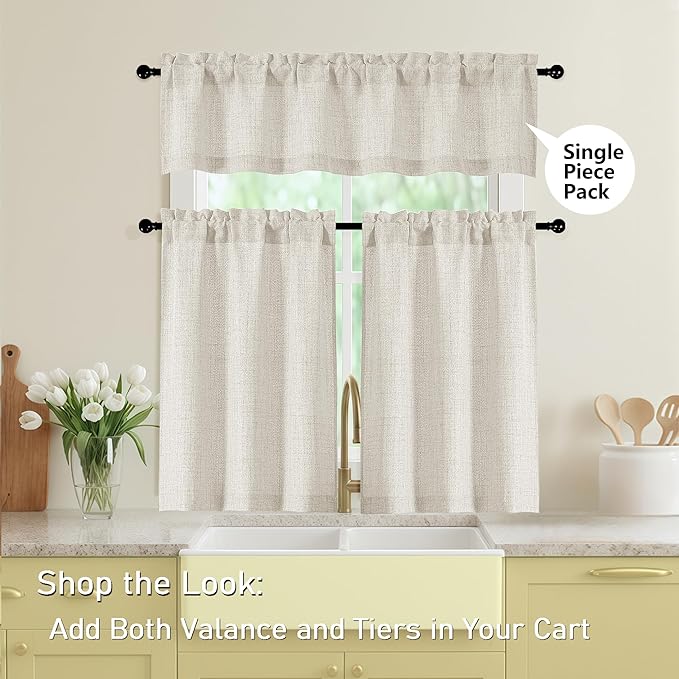 Natural Valances for Windows, Light Filtering Faux Linen Textured Small Short Valance Curtains for Bathroom Basement Farmhouse, Rod Pocket Top Half Curtains for Windows, 60Wx12L Inch