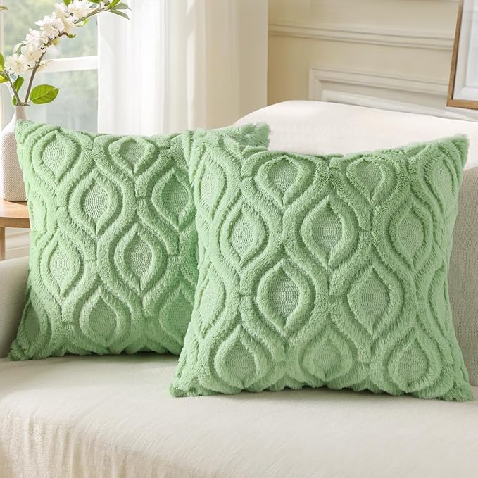 decorUhome Summer Throw Pillow Covers 20x20 Inch Set of 2, Soft Plush Faux Wool Light Sage Green Solid Couch Pillow Covers, Accent Farmhouse Neutral Square Pillow Cases for Sofa Bed Living Room