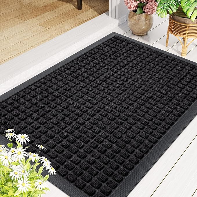 Smiry Front Door Mat Outside Entrance, Heavy Duty Natural Rubber Doormat, Non Slip, Trap Dirt and Moisture, Easy Clean, Low Profile Welcome Floor Mats for Indoor Outdoor Entry, 35x23 Inch, Black