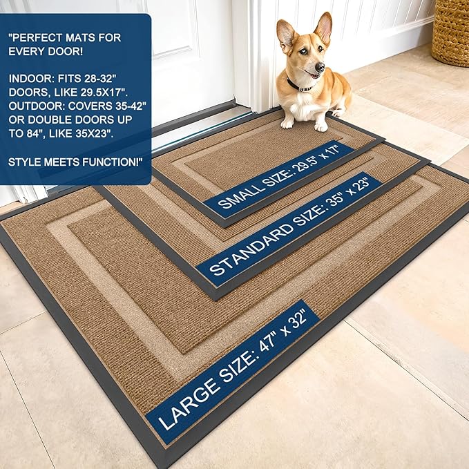 OLANLY Front Door Mat Indoor Outdoor Entrance, Waterproof All-Season, All-Weather Doormat, Sturdy Natural Rubber, Fade Resistant, Low Profile, Easy Clean Patio Porch Entryway Mat, 47x32, Light Brown