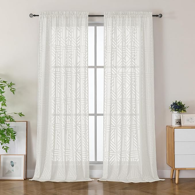 Simplebrand Semi Sheer Ivory Curtains 90 Inches Long 2 Panels, Light Filtering Geometric Jacquard Clip Textured Sheer Curtains for Living Roon，Modern Elegant Window Curtains Drapes，52x90 inch