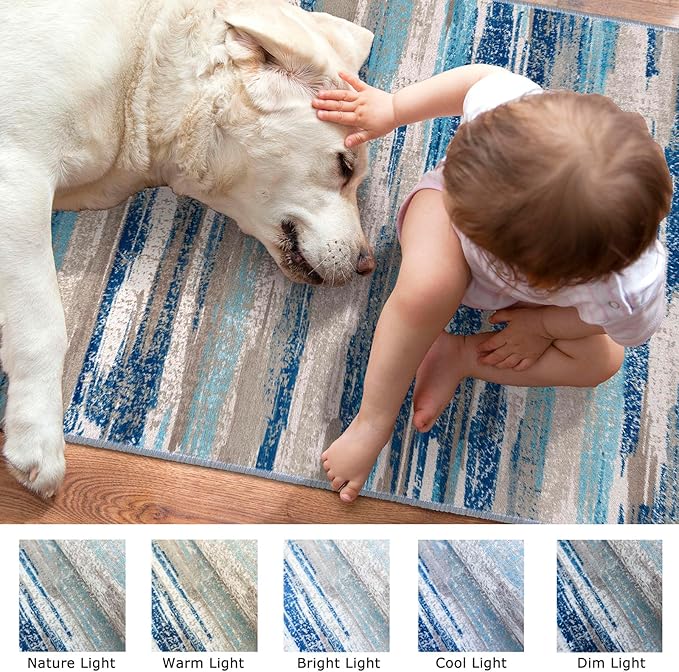 Lansny Modern Abstract 4x6 Living Room Washable Rug Non-Slip Soft Bedroom Area Rug Blue Thin Print Faux Wool Floor Carpet Throw Rugs for Nursery Playroom Dining Room Indoor Office Home Decor