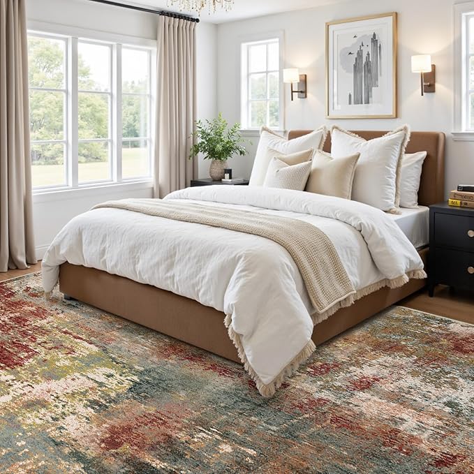 Washable Area Rugs 6'x9' Non-Slip Modern Abstract Soft for Living Room Entryway Bedroom Nursery, Print Pattern, Brown Rust Red Green Blue Multi