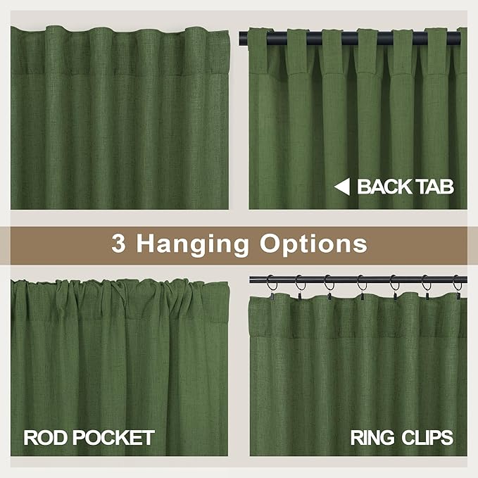 Pitalk Olive Green Curtains 96 Inches 8 FT Long for Living Room 2 Panels Back Tab Pocket Drape Thick Sheer Linen Cotton Modern Rustic Trendy Earthy Army Moss Green Curtain for Bedroom Farm House Decor