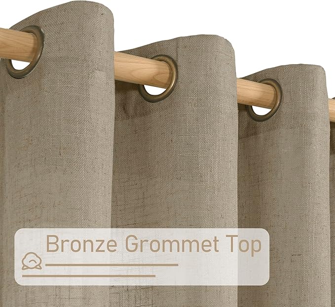 LAMIT Taupe Linen Curtains 72 Inch Length for Bedroom Living Room, Linen Textured Window Drapes Semi Sheer Light Filtering Bronze Grommet Burlap Look Farmhouse Country Decor, 2 Panels, 52 x 72 Inch