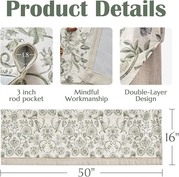 jinchan Linen Valance Kitchen Curtain for Windows Double Layer 16 Inch for Living Room Bedroom Window Treatment Light Filtering Vintage Rustic Farmhouse Cottagecore Rod Pocket 1 Panel Green on Beige