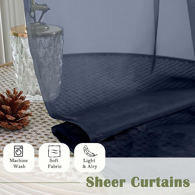 Lecloud Navy Blue Sheer Curtains 120 Inches Long 2 Pcs, Solid Voile Light Filtering Rod Pockets Window Curtains for Bedroom, Modern Farmhouse Decor Drapes for Living Room, Each Panel 59" W x 120" L