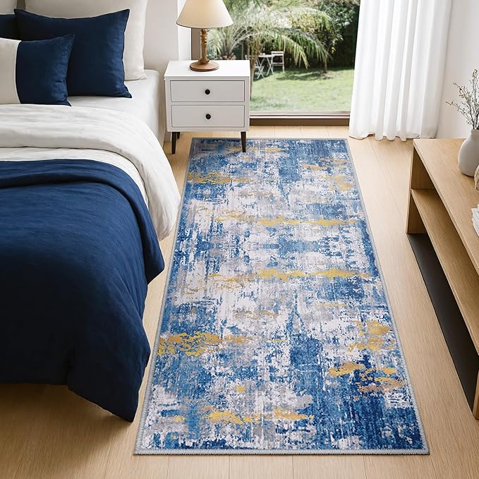 Washable Area Rugs 2'x8' Non-Slip Modern Abstract Soft for Living Room Entryway Bedroom Nursery, Print Pattern, Grey Blue Gold/Golden