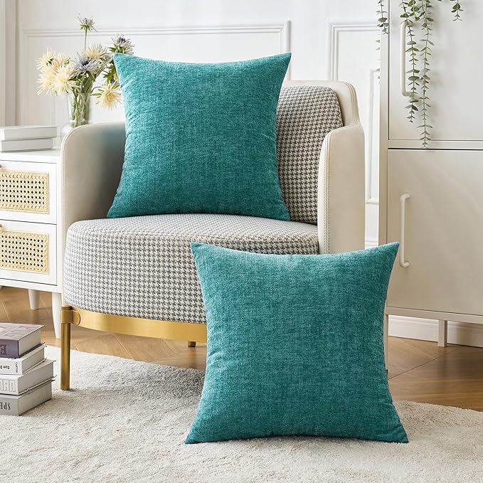 MIULEE Pack of 2 Couch Throw Pillow Covers 20x20 Inch Soft Teal Chenille Pillow Covers for Sofa Living Room Solid Dyed Pillow Cases