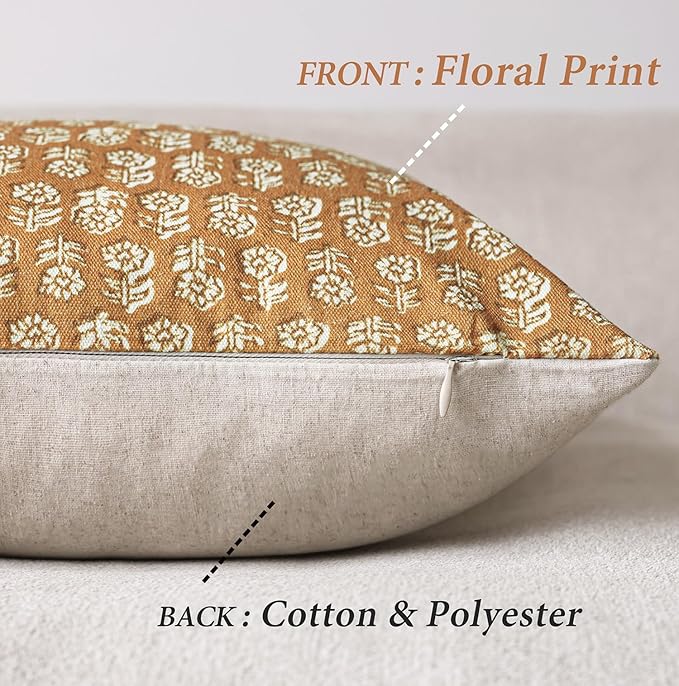 Foindtower Set of 2 Decorative Neutral Floral Print Throw Pillow Covers Vintage Accent Farmhouse Cushion Cover Boho Home Decor For Sofa Couch Chair Bedroom Living Room Outdoor,20×20 Inch,Golden Orange