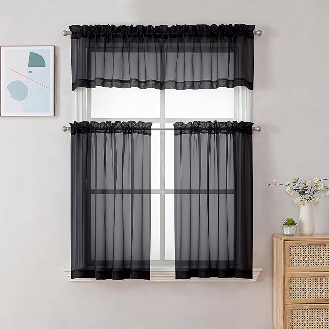 Gwine Black Sheer Curtains 30 Inch Length, Short Light Filtering Voile Small Cafe Kitchen Curtains with Rod Pocket, Short Curtain for Bathroom Window, 42x30 Inch, 2PCS