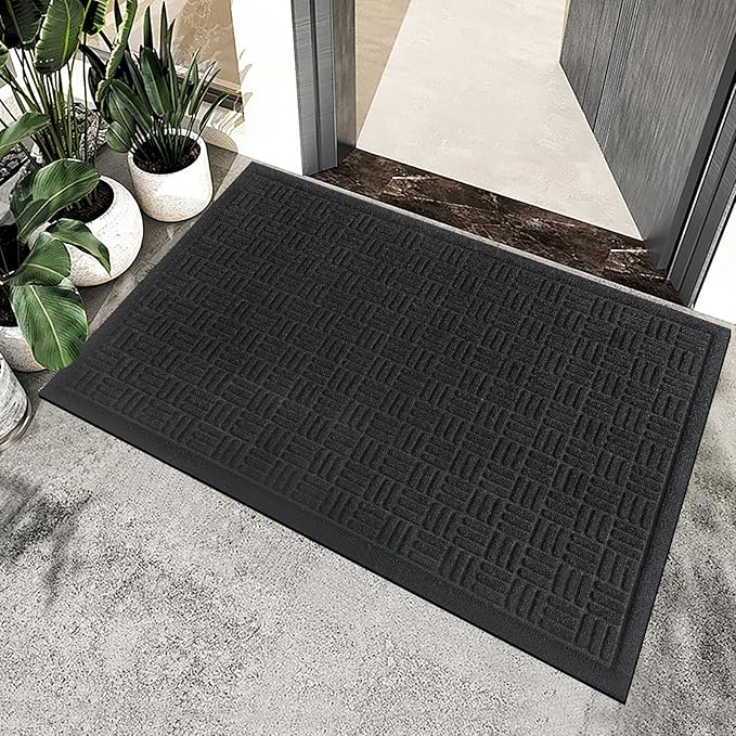 Mibao Front Door Mat Indoor Outdoor Entrance, Dirt Trapping Waterproof All-Season, All-Weather Doormat, Non-Slip Durable Natural Rubber Low Profile Easy Clean Patio Entrance Mat, 29.5" x 17", Black