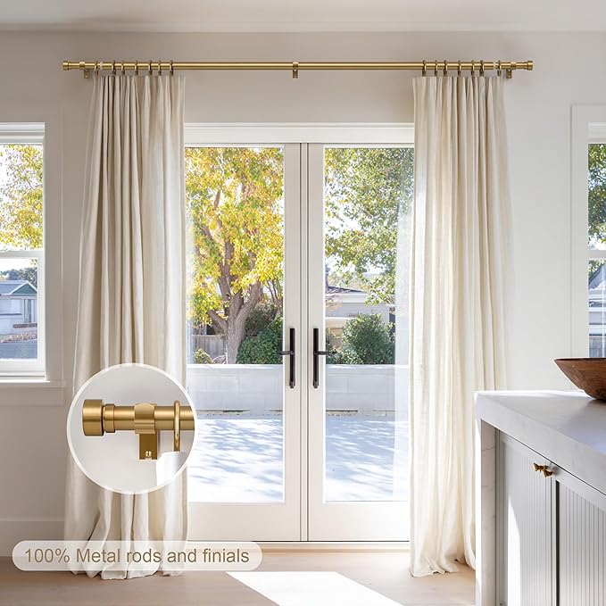 Lootkell 2 Pack Brass Gold Curtain Rods Set for Windows 66 to 120 Heavy Duty 1" Diameter Adjustable Window Single Rods with Solid Metal Finials for Bedroom Living Room Kitchen Farmhouse