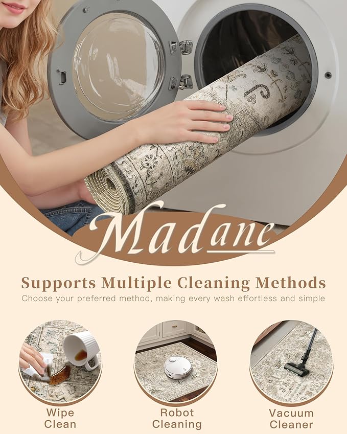 Madane Area Rug 4x6 Washable Rugs: Vintage Living Room Rug Soft Low Pile Non Slip Area Rugs Distressed Indoor Floor Carpet for Bedroom Kitchen Dining Room Home Decor, Ivory/Brown