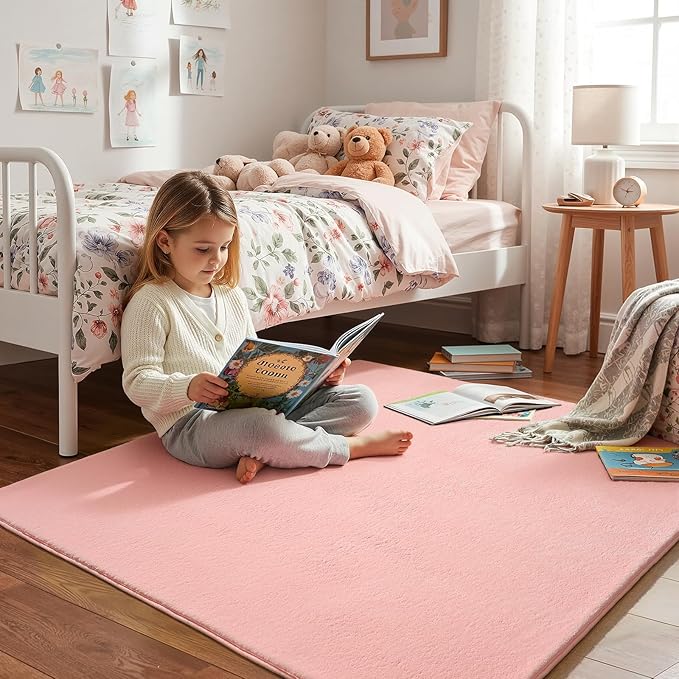 Amearea 5x5 Square Area Rugs for Bedroom Living Room, Modern Pink Thickened Memory Foam Rug, Fluffy Indoor Washable Rugs Non Slip Minimalist Carpet for Kids Boys Girls Dorm Nursery Room Decor