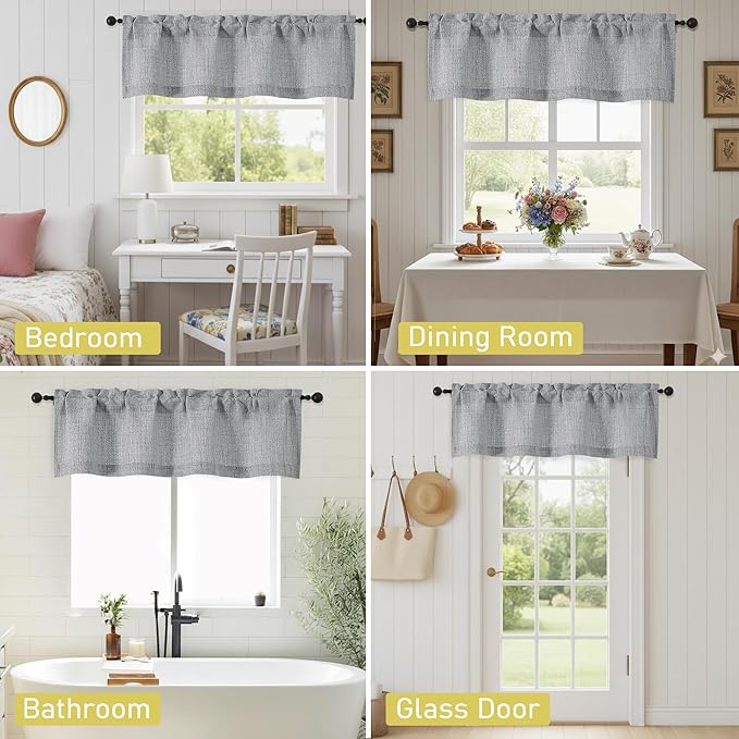 Valances for Windows, Light Filtering Faux Linen Textured Small Short Window Curtain for Bathroom Basement Farmhouse, Rod Pocket Top Half Curtains for Windows, Gray 52Wx18L Inch