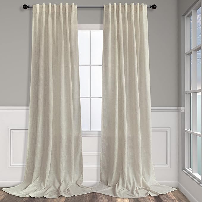 Pitalk 60 Inch Wide Curtains for Living Room 2 Panel Back Tab Pocket Drape Semi Sheer Burlap Linen Extra Large Boho Farmhouse Curtain for Bedroom Neutral Earth 5 FT Width by 9 FT Long 60x108 Tan Beige