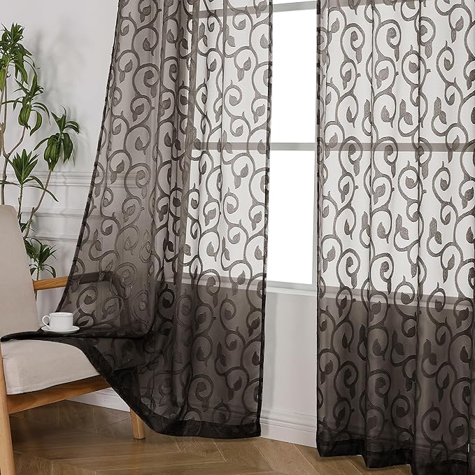 OWENIE Furman Chocolate Sheer Curtains 72 inches Long for Bedroom Living Room 2 Panels Set, Light Filtering Sheer Door Curtains with Elegant Clip Jacquard Rod Pocket Curtains, 2 Pcs = 80" Width