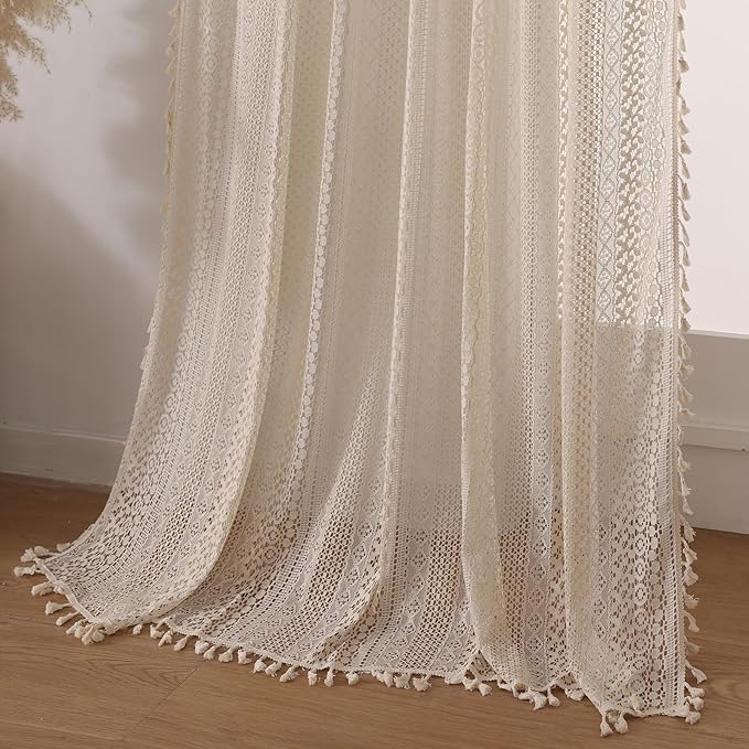 WAZZIO Boho Crochet Curtains for Living Room Lace Curtains 84 Inches Long 2 Panel, Rod Pocket Vintage Tassel Bohemian Decor Geometry Striped Light Filtering Semi Sheer Curtain Drapes for Bedroom,Beige