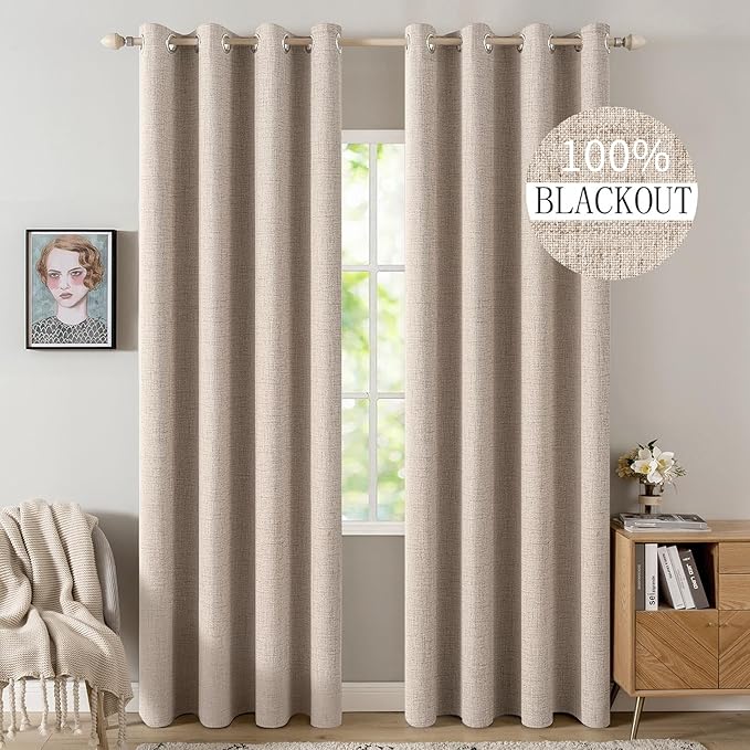 MIULEE 100% Blackout Linen Textured Curtains for Bedroom Solid Thermal Insulated Natural Beige Grommet Room Darkening Curtains & Drapes Luxury Decor for Living Room Nursery 52 x 78 Inch (2 Panels)