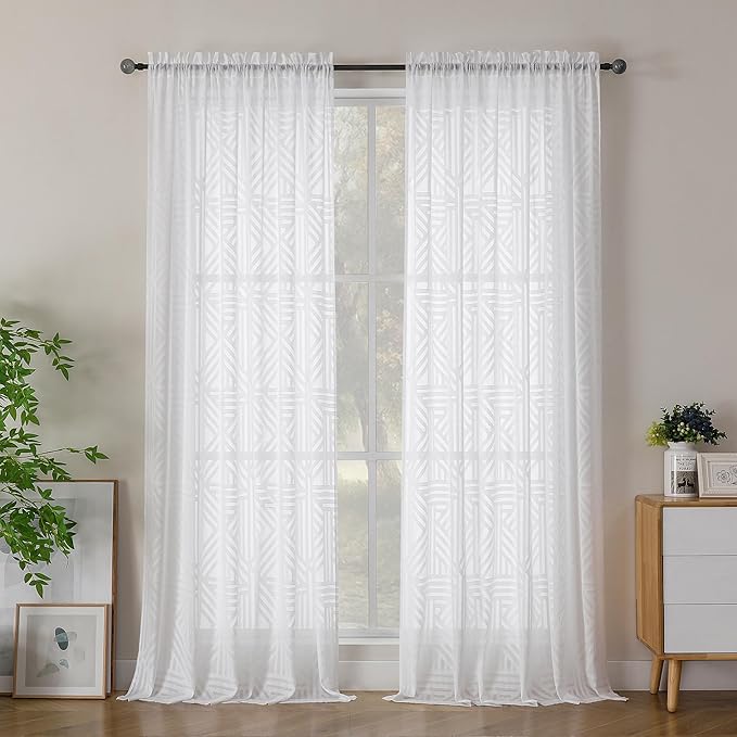 Simplebrand Semi Sheer White Curtains 96 Inches Long 2 Panels, Light Filtering Geometric Jacquard Clip Textured Sheer Curtains for Living Roon，Modern Elegant Window Curtains Drapes，52x96 inch