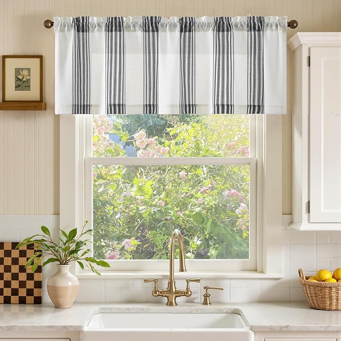 jinchan Striped Linen Valance Curtain 16 Inch Vertical Striped Valance for Kitchen Bathroom Light Filtering Window Treatment Rod Pocket Farmhouse Rustic Semi Sheer Short Window Curtain 1 Panel Black
