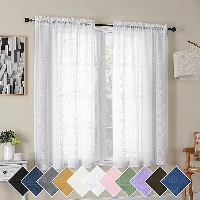 Simplebrand Semi Sheer White Curtains 54 Inch Length 2 Panels, Geometric Jacquard Clip Textured Short Sheer Curtains for Bedroom，Modern Elegant Window Curtains Panels/Drapes/Treatment Sheer，42x54 inch
