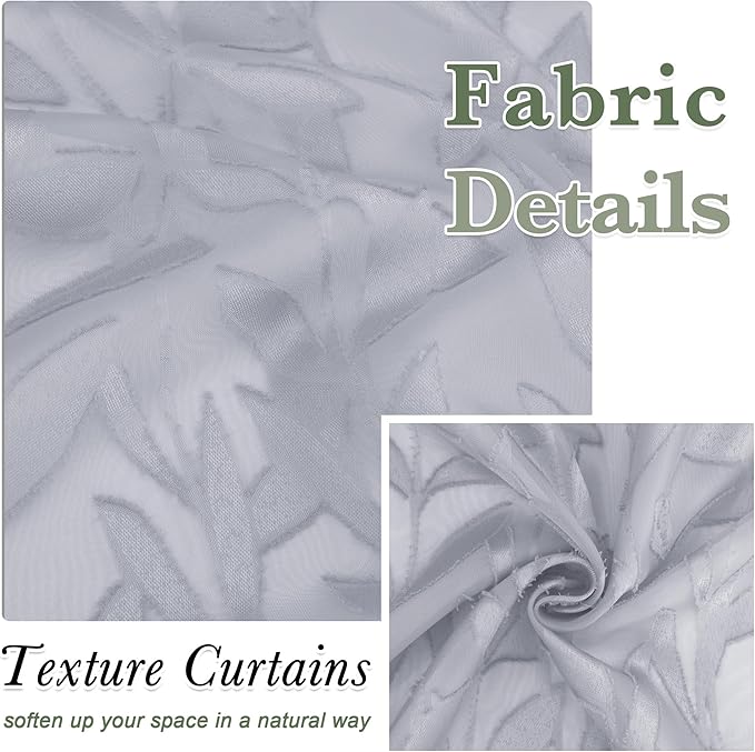 Lecloud Leia Light Grey Sheer Curtains 96 Inches Long 2 Panels, Jacquard Leaves Textured French Door Curtains Dual Rod Pockets, Farmhouse Living Room Bedroom Drapes Window Treatments, 40 W x 96 L