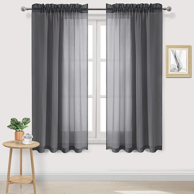 DWCN Dark Gray Sheer Curtains Semi Transparent Voile Rod Pocket Curtains for Bedroom and Living Room, 52 x 63 inches Long, Set of 2 Panels