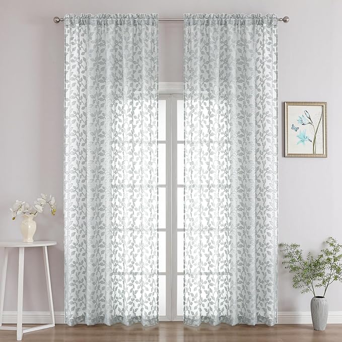 Chyhomenyc Light Grey Sheer Curtains 96 Inch Length 2 Panels Set, Light Filtering Tufted Textured Soft Airy Rod Pocket Gentle Leaf Window Treatment Drapes for Bedroom Living Room, 52" Wx96 L, 2PCS