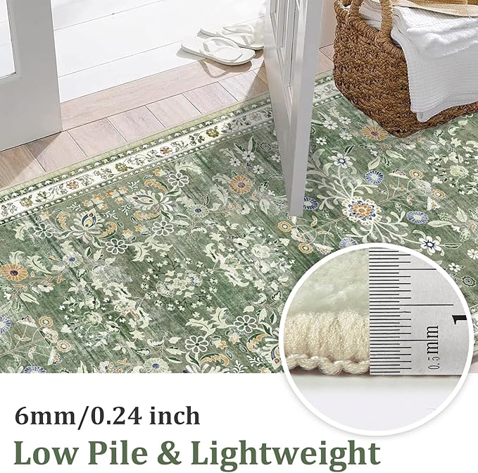 Yamaziot Washable Runner Rug 2x7 – Non Slip Boho Floral Hallway Runner Rug with Rubber Backing, Low Pile Wool Distressed Carpet for Kitchen, Laundry, Bedroom, Entrance, Mottled Green