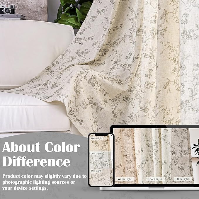 Lazzzy Linen Farmhouse Curtains Grey Floral Curtains 63 Inch Long Back Tab Drapes for Living Room Bedroom Light Filtering Country Vintage Rod Pocket Curtain, 2 Panels, Gray on Beige