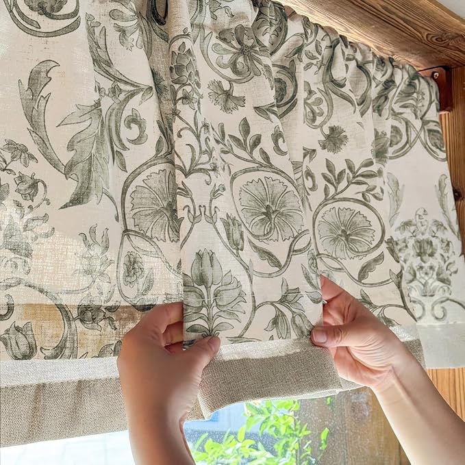 jinchan Linen Valance Kitchen Curtain for Windows Double Layer 16 Inch for Living Room Bedroom Window Treatment Light Filtering Vintage Rustic Farmhouse Cottagecore Rod Pocket 1 Panel Green on Beige